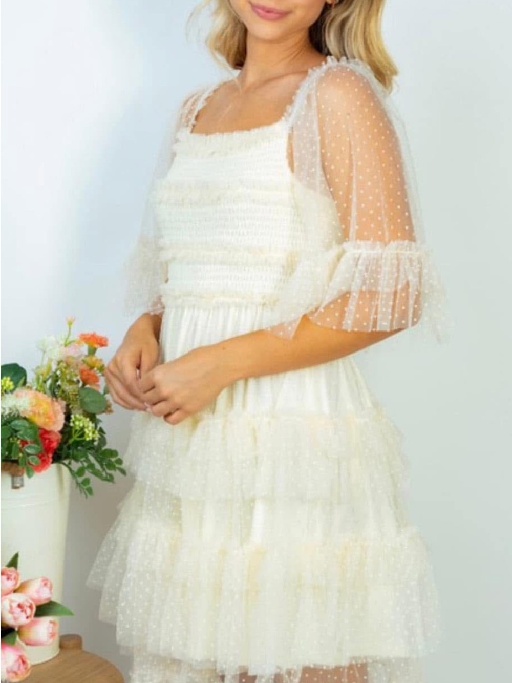 The Post Cream Ruffled Tulle Dot Dress